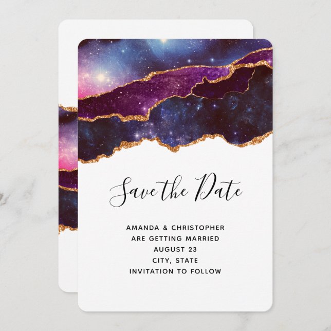Blue & Purple Space & Stars Wedding Save The Date (Front/Back)