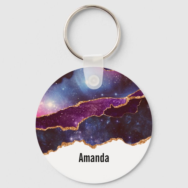 Blue & Purple Space & Stars with Gold Ribbon Key Ring (Front)