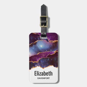 Blue & Purple Space & Stars with Gold Ribbon Luggage Tag