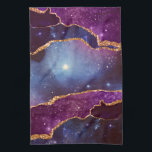 Blue & Purple Space & Stars with Gold Ribbon Tea Towel<br><div class="desc">A kitchen towel with an abstract design with blue and purple layers with faux gold foil ribbons in between.</div>