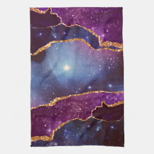 Blue & Purple Space & Stars with Gold Ribbon Tea Towel