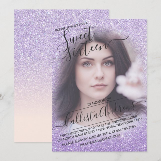 Blue Purple Sparkly Glitter Ombre Photo Sweet 16 Invitation (Front/Back)
