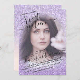 Blue Purple Sparkly Glitter Ombre Photo Sweet 16 Invitation