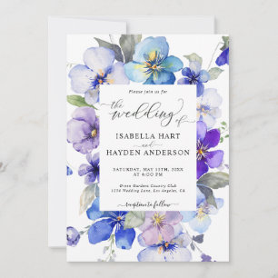 Blue Purple Spring Flower All In 1 QR Code Wedding Invitation