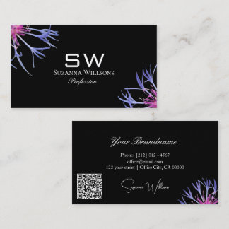 Blue Purple Star Flower Black Monogram and QR Code Business Card