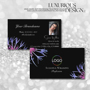 Blue Purple Star Flower Black with Logo and Photo Business Card