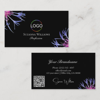 Blue Purple Star Flower on Black with Logo QR Code Business Card