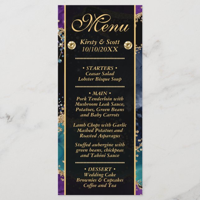 Blue Purple Teal Gold Glitter Agate Wedding Menu (Front)