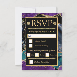 Blue Purple Teal Gold Glitter Agate Wedding RSVP Card