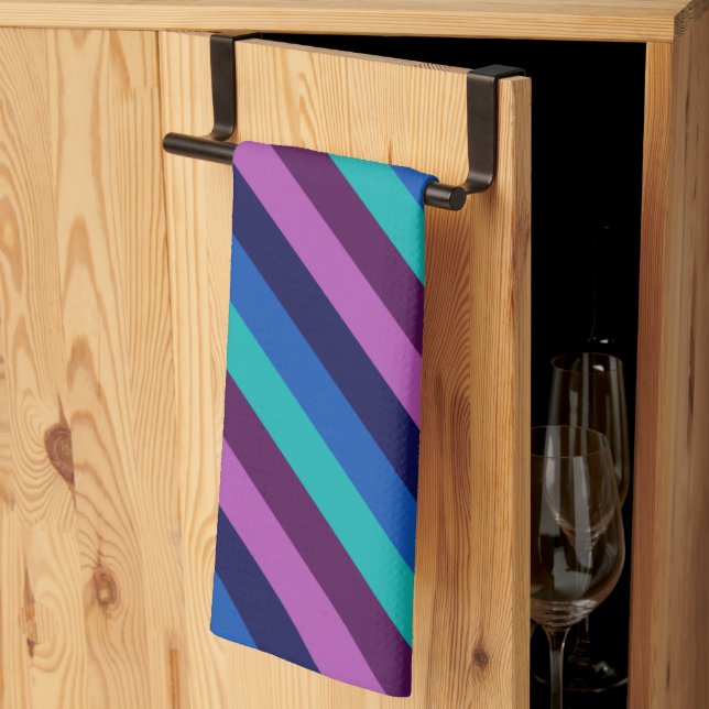 Blue Purple Teal Stripes Kitchen Towel (Thirds Fold)