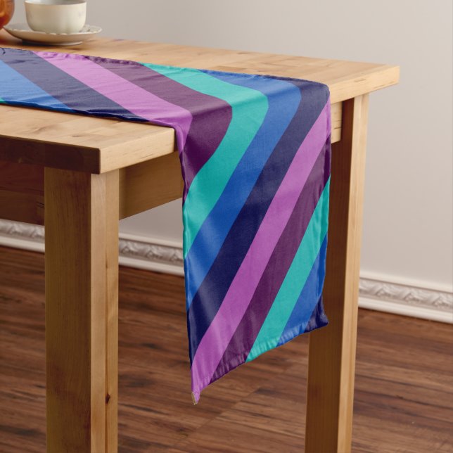 Blue Purple Teal Stripes Large Table Runner (In Situ)