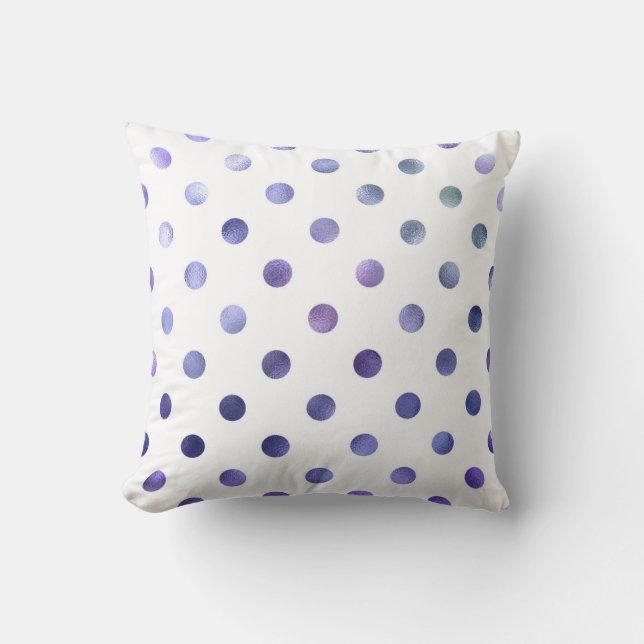 Blue Purple Violet Metallic Faux Foil Polka Dot Cushion (Front)
