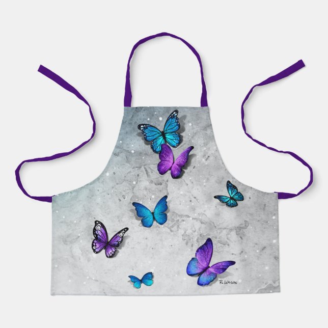 Blue Purple Watercolor 3D Butterfly Name Monogram Apron (Front)
