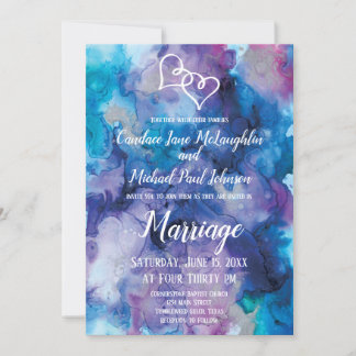 Blue Purple Watercolor Double Hearts Wedding Invit Invitation