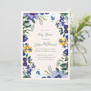 Blue Purple Watercolor Floral Garden Baby Shower Invitation