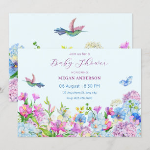 Blue Purple Watercolor Flower bloom baby shower Invitation