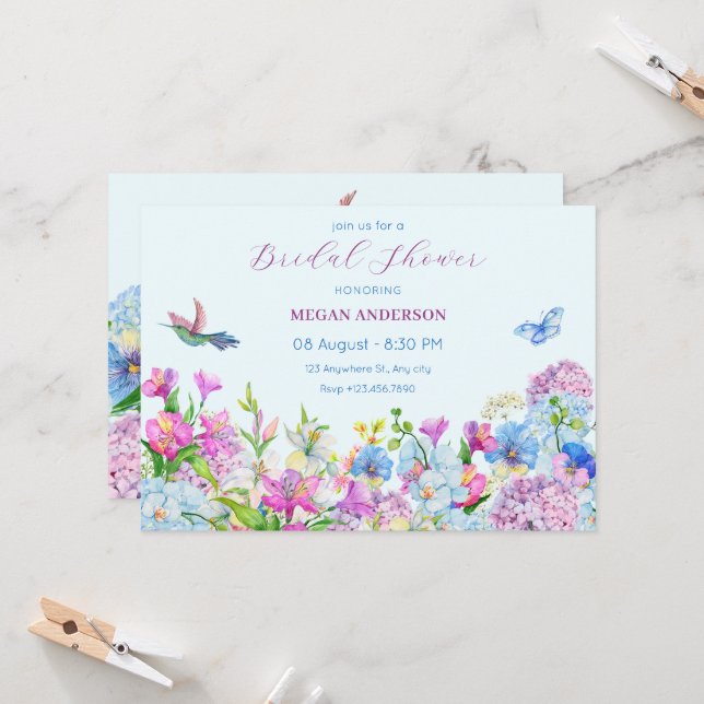Blue Purple Watercolor Flower bloom bridal shower Invitation (Front/Back In Situ)