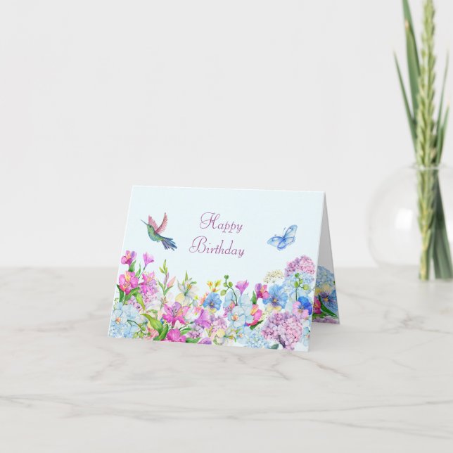 Blue Purple Watercolor Flower bloom happy birthday Card (Front)