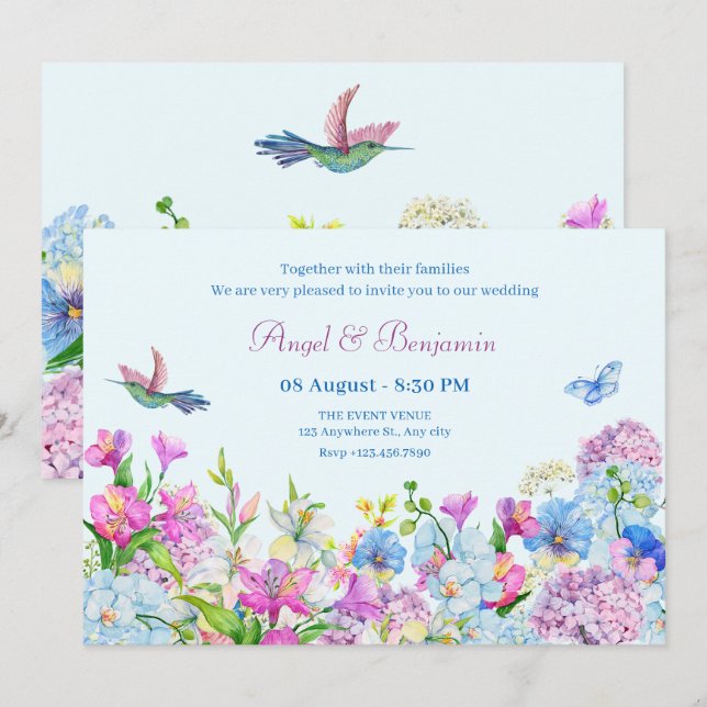 Blue Purple Watercolor Flower bloom wedding Invitation (Front/Back)