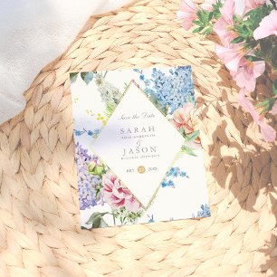 Blue & Purple Watercolor Flowers Save The Date Announcement Postcard