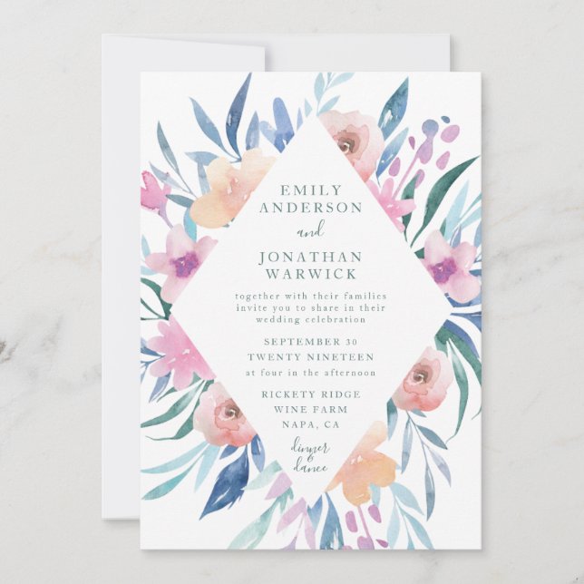 Blue Purple Watercolor Flowers Wedding Invitation (Front)