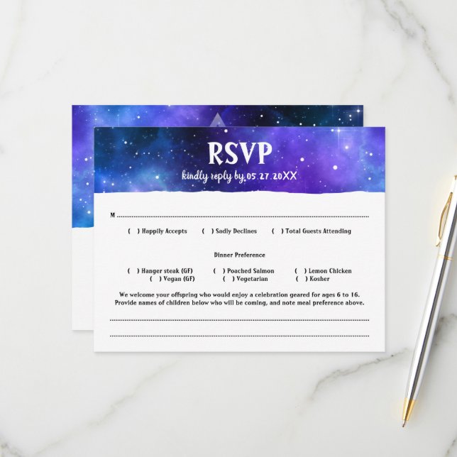 Blue Purple Watercolor Galaxy Bat Bar Mitzvah RSVP Card (Front/Back In Situ)