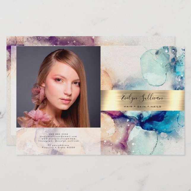 Blue Purple watercolor gold foil bifold brochure (Front/Back)
