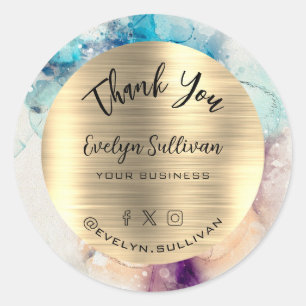 Blue Purple Watercolor Gold Foil Elegant Thank You Classic Round Sticker