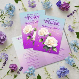 Blue Purple Watercolor Ombre Roses Spring Wedding Programme