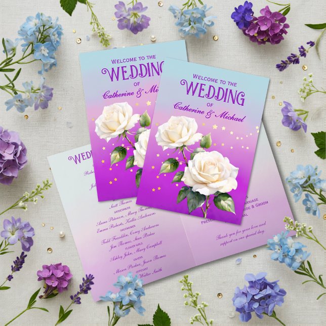 Blue Purple Watercolor Ombre Roses Spring Wedding Programme (Flat lay ocean lavender blush floral dreamy botanical spring wedding program
)