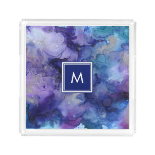 Blue purple watercolor splatter splash monogram acrylic tray