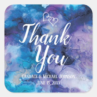 Blue Purple Watercolor Wedding Thank You Favour Square Sticker