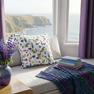 Blue Purple Watercolor Wildflower Cushion
