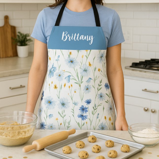 Blue Purple Watercolor Wildflower Custom Name Apron (Creator Uploaded)