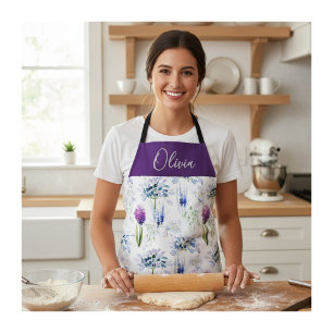 Blue Purple Watercolor Wildflower Custom Name Apron