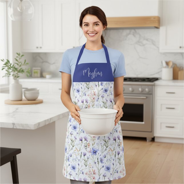 Blue Purple Watercolor Wildflower Custom Name Apron (Creator Uploaded)