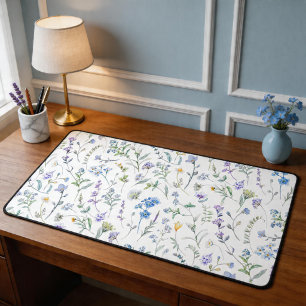 Blue Purple Watercolor Wildflower Desk Mat