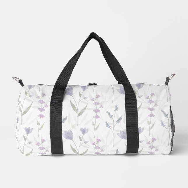 Blue Purple Watercolor Wildflower Duffle Bag (Front)