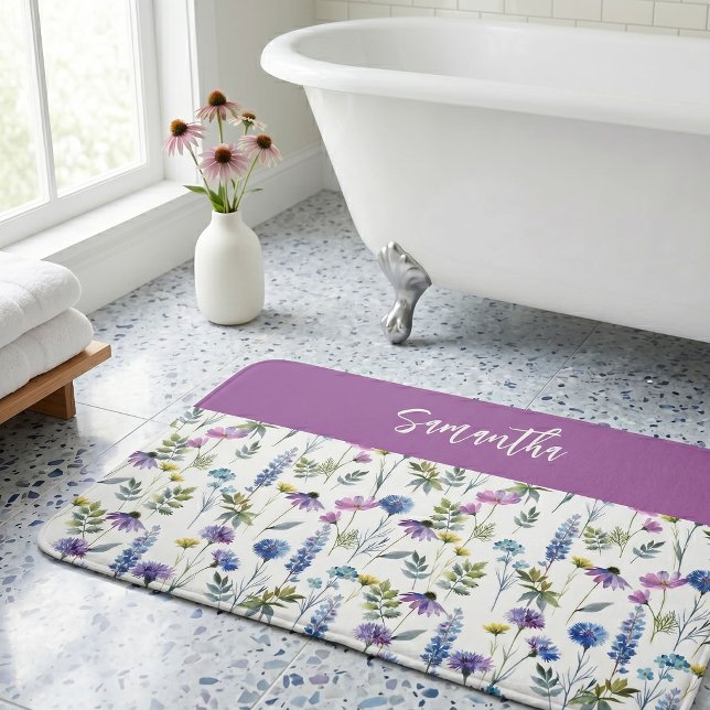Blue Purple Watercolor Wildflower Monogram Bath Mat (Creator Uploaded)