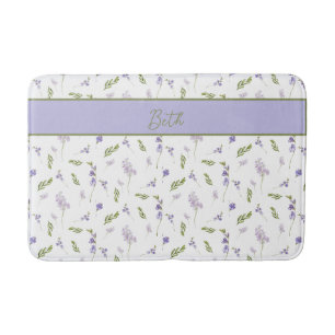 Blue Purple Watercolor Wildflower Monogram  Bath Mat