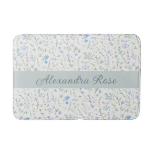 Blue Purple Watercolor Wildflower Monogram Name Bath Mat