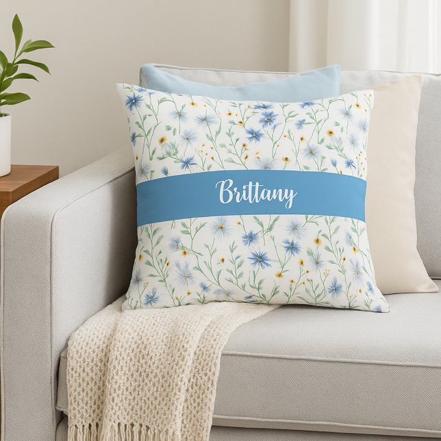 Blue Purple Watercolor Wildflower Monogram Name Cushion (Creator Uploaded)