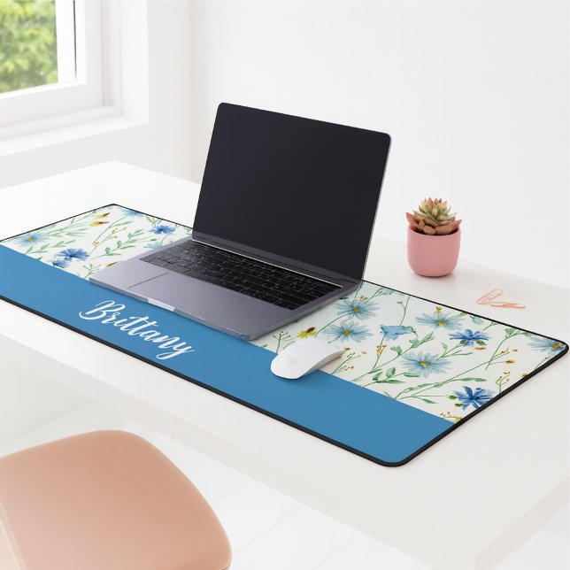 Blue Purple Watercolor Wildflower Monogram Name Desk Mat (Creator Uploaded)