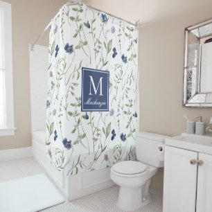Blue Purple Watercolor Wildflower Monogram Shower Curtain