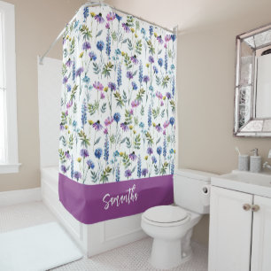 Blue Purple Watercolor Wildflower Monogram Shower Curtain