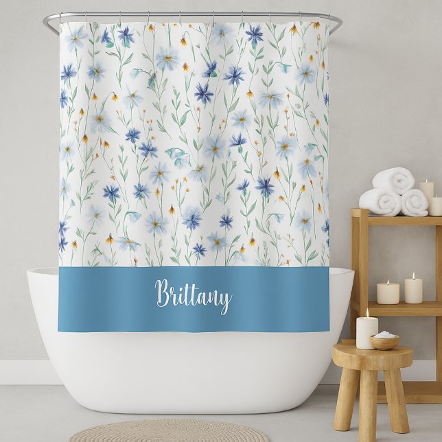 Blue Purple Watercolor Wildflower Monogram Shower Curtain (Creator Uploaded)