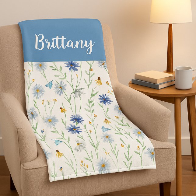 Blue Purple Watercolor Wildflower Name Fleece Blanket (Creator Uploaded)
