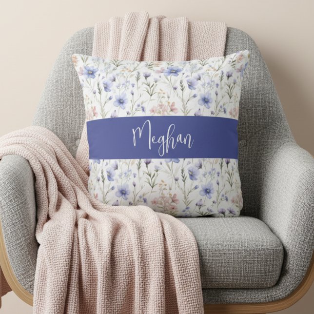Blue Purple Watercolor Wildflower Name Monogram Cushion (Creator Uploaded)