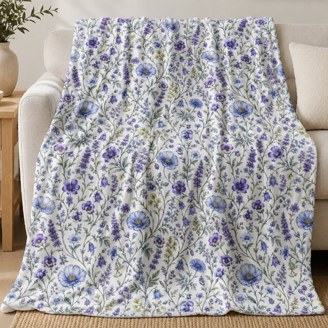 Blue Purple Watercolor Wildflower Pattern Fleece Blanket (Creator Uploaded)
