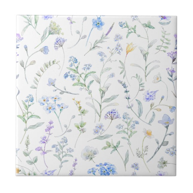 Blue Purple Watercolor Wildflower Tile (Front)
